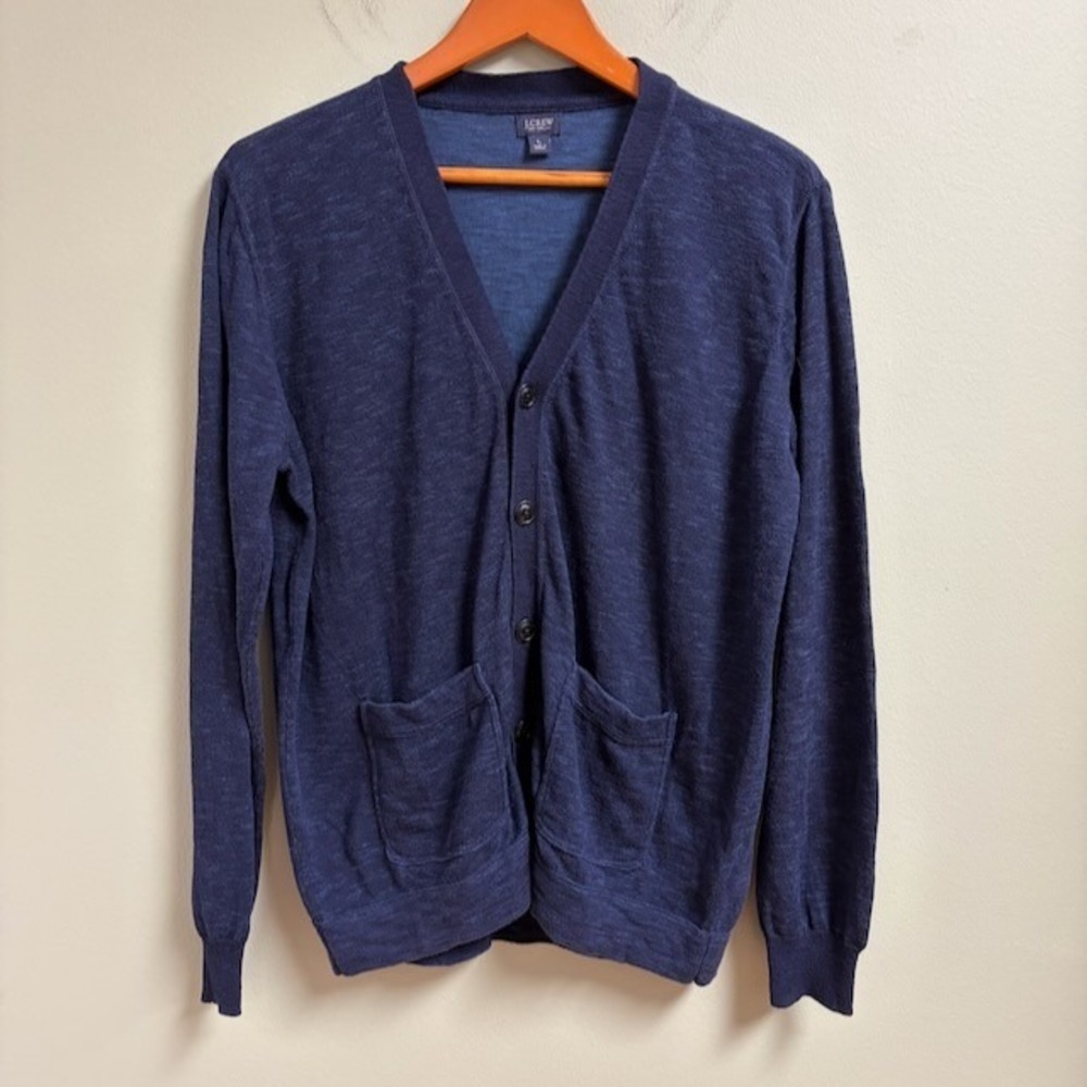 J CREW New York Mens Blue Cotton Cardigan Size‎ L Classic Button Preppy Academia